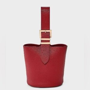 Elegant Red faux Leather Bucket Bag with gold adjustable buckle strap